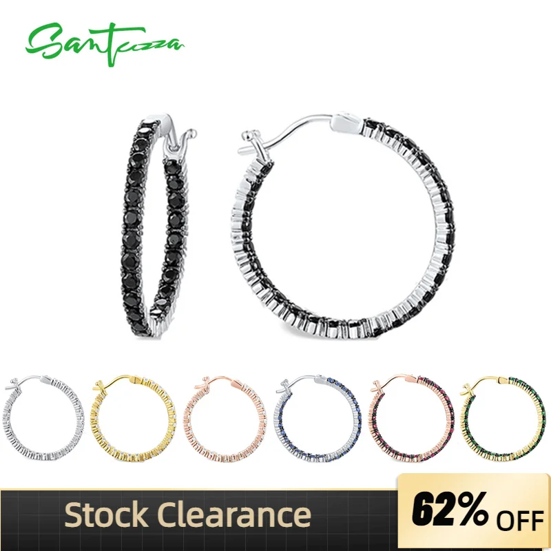 SANTUZZA 925 Sterling Silver Hoop Earrings For Women White/Blue CZ Black/Green Spinel Lab Created Ruby Simple Style Fine Jewelry