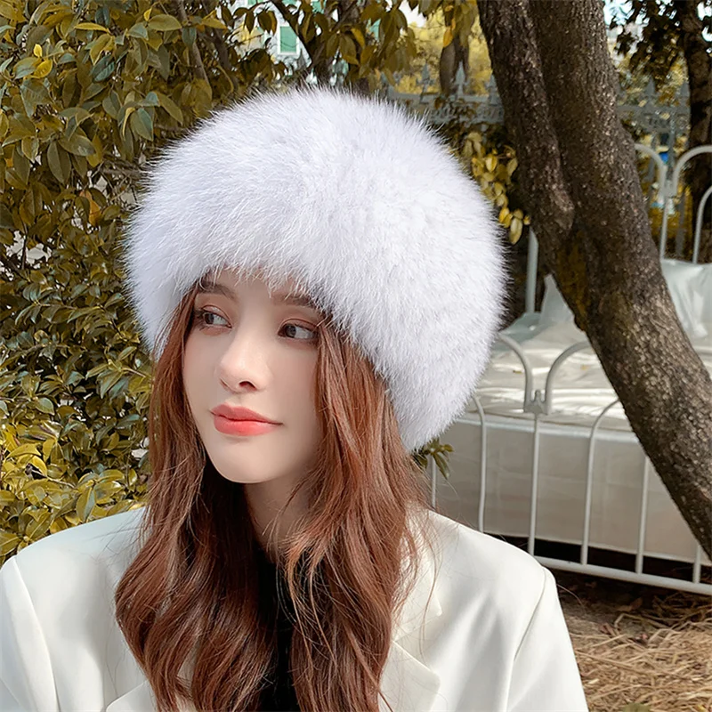 Winter Fur Hat Natural Fox Fur Hat Russian Headwear Outdoor Ear Headwear Warm Earmuff Beanie Hat