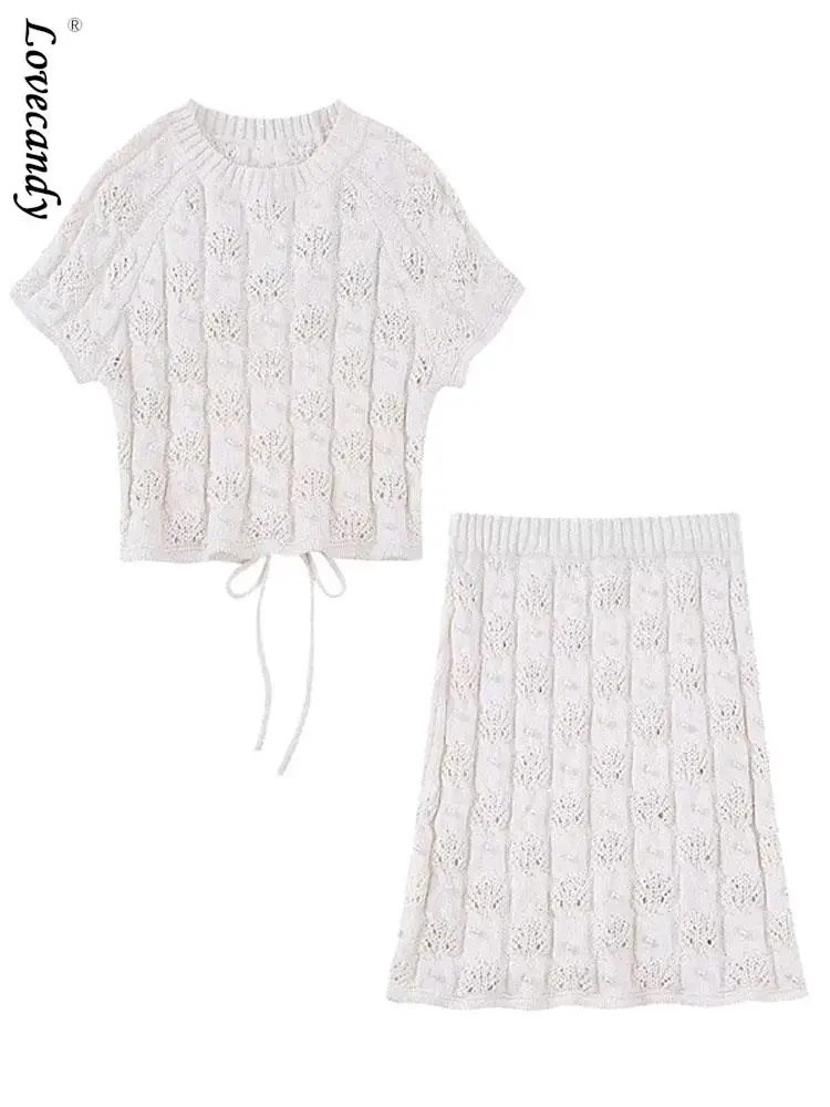 

Women Elegant Hollow Out Lace Up Floral Top Half Dress Knit Set Lady O Neck High Waist Dresses Sets 2023 Female High Street Suit