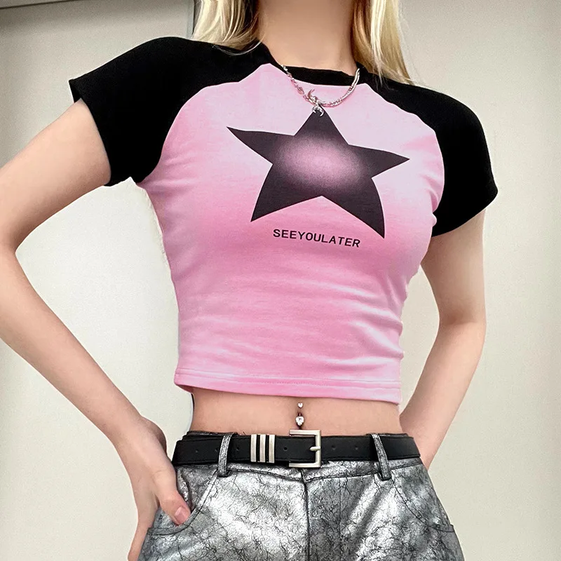 

Y2K Aesthetics Star Print Patchwork Short Sleeve T-Shirt Cute Summer Slim Crop Tops Women Basic Streetwear Tees Ouifits