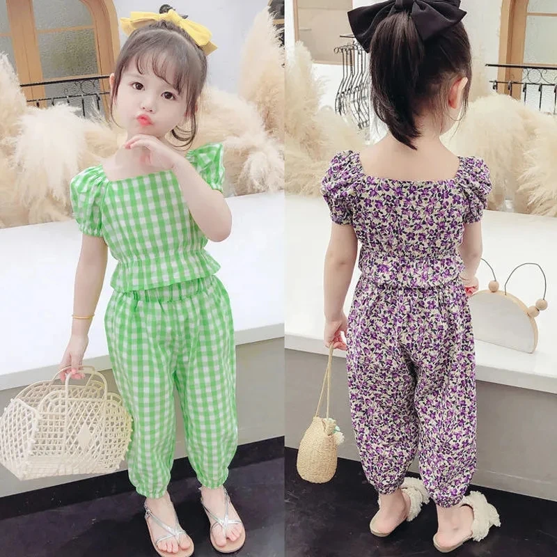 

Summer Baby Girl Clothes Set New Plaid Top Pants Suit Girls Puff Sleeve Baby Shirt Floral Two-piece Set