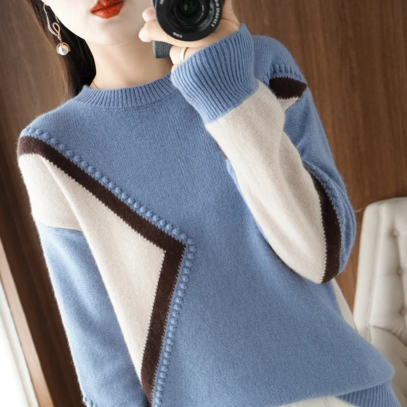 Casual loose women's 100% pure wool O-neck sweater color matching knitting long sleeve pullover women's cashmere sweater hot new