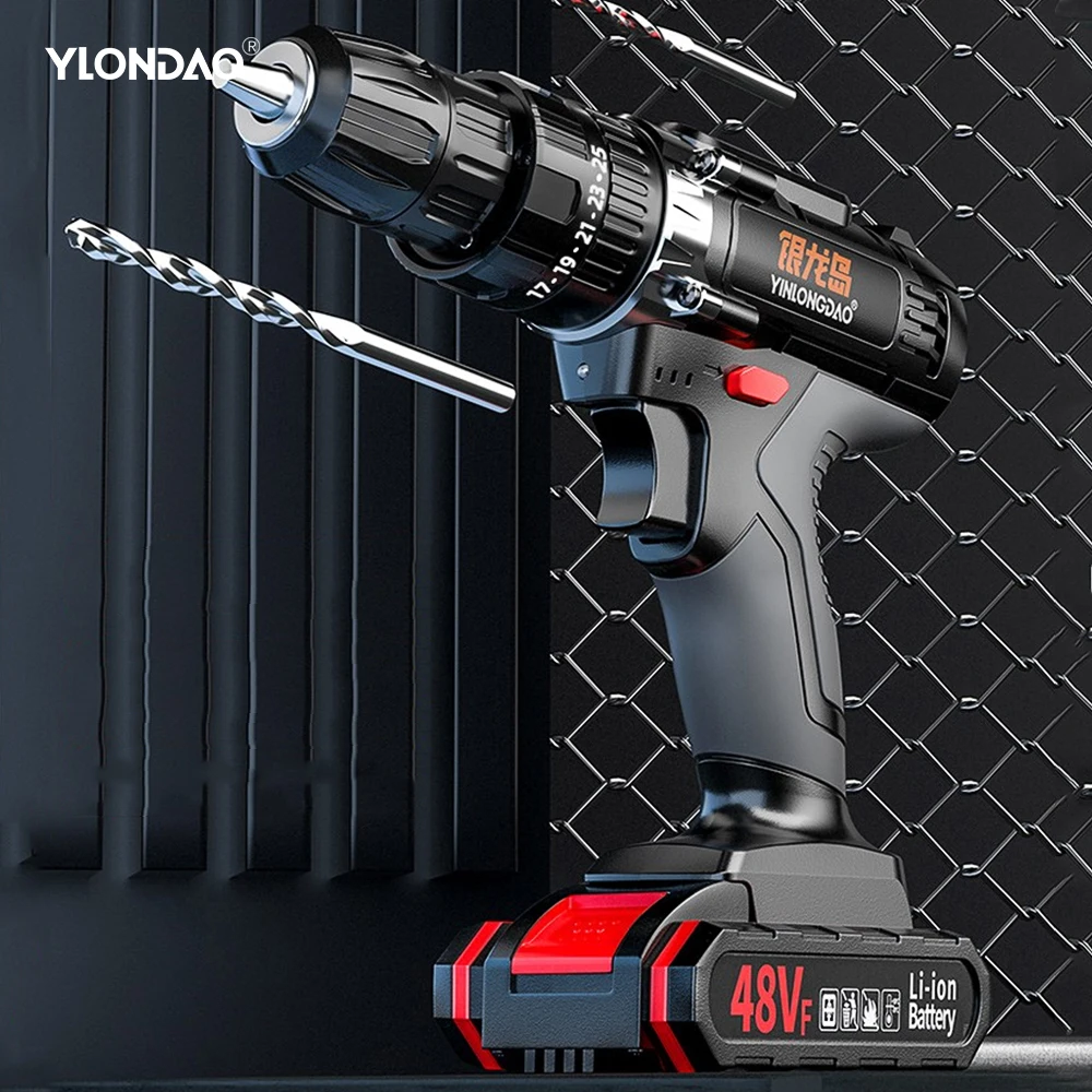 48V Electric Drill Electric Screwdriver Battery Rechargeable Cordless Screwdriver Powerful Impact Wireless Screwdriver Drill