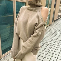 new winter fall elegant women sweaters sexy hollow out turtleneck loose knitted pullovers female casual solid tops outwear khaki