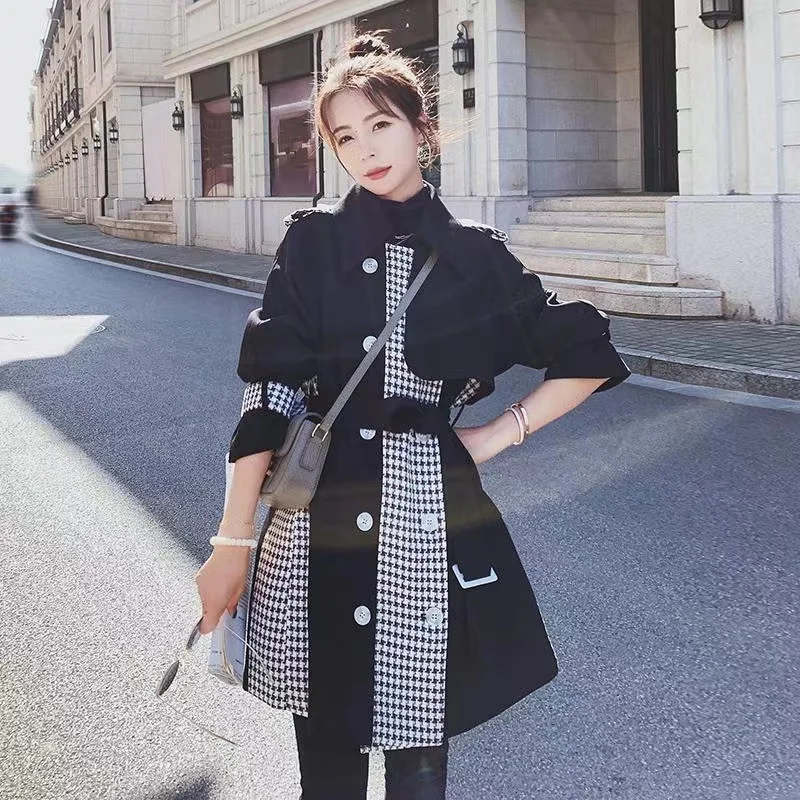 Women's Trench Coat Suit Lapel Double-Breasted Mid-Length Spring Temperament Popular High-End Plaid Stitching Korean Jacket II99