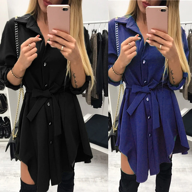 

Sexy Irregular Hem Tie Waist Shirt Dresses Autumn Spring Mini Dress Casual Turn Down Collar Short Vestidos with Belt