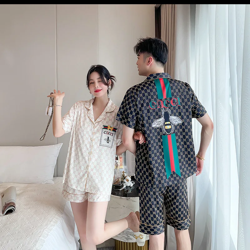 PICKBIRD 2022 New Ice Silk Couple Pajamas Men's Spring Summer Silk Thin Pajamas Ladies Sweet Homewear Set