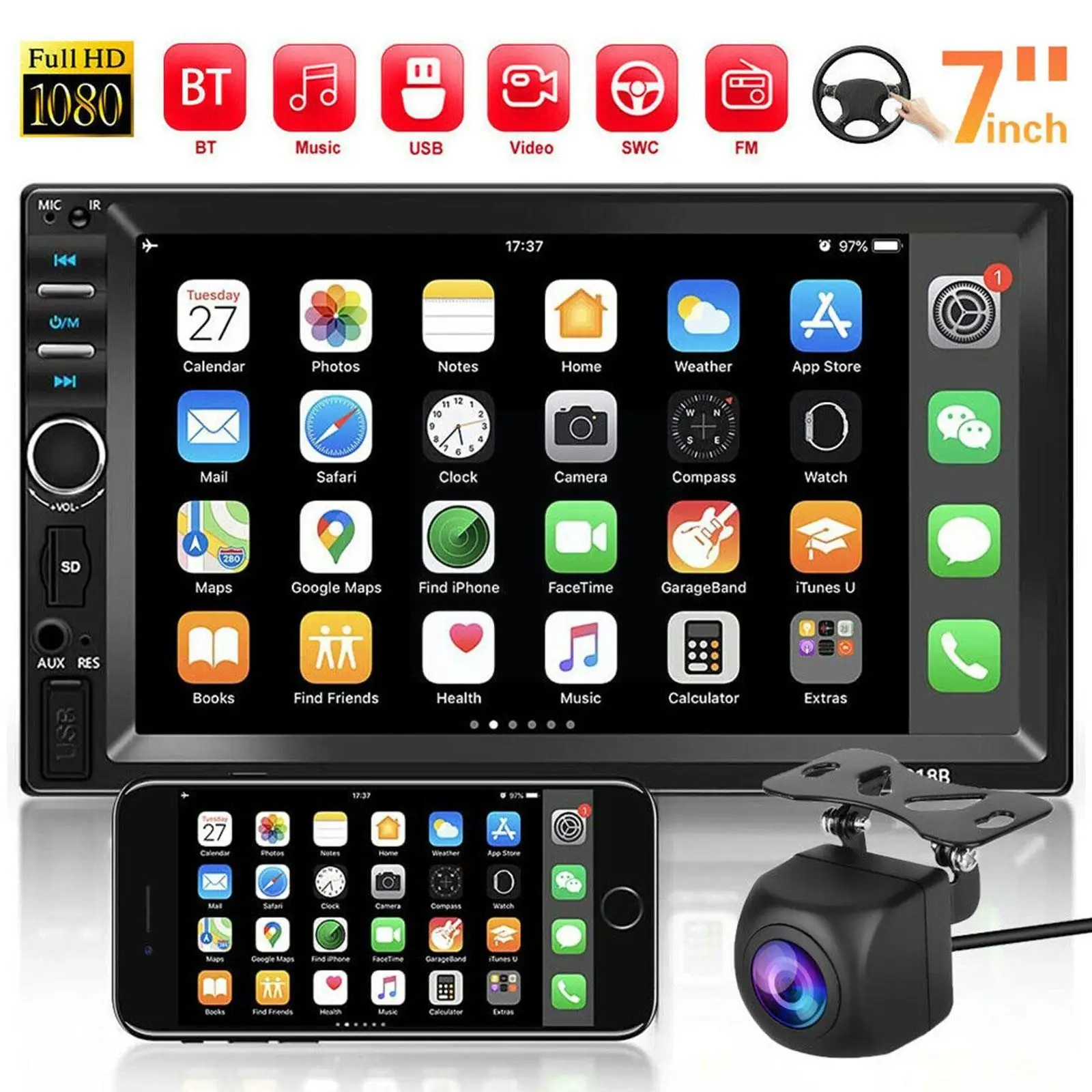 2 Din Car Stereo Car Auto Radio HD 1080P MP5 Player FM 7 GPS Radio Digital Display System Inch Android Audio Screen Bluetoo V5M1 2