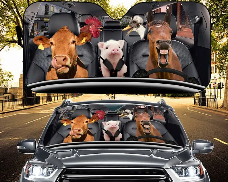 

Horse Cow Pig Family Car Sunshade Farm Lover Fun Gifts Gifts for Him Car Sunshade Windshield Auto Parts