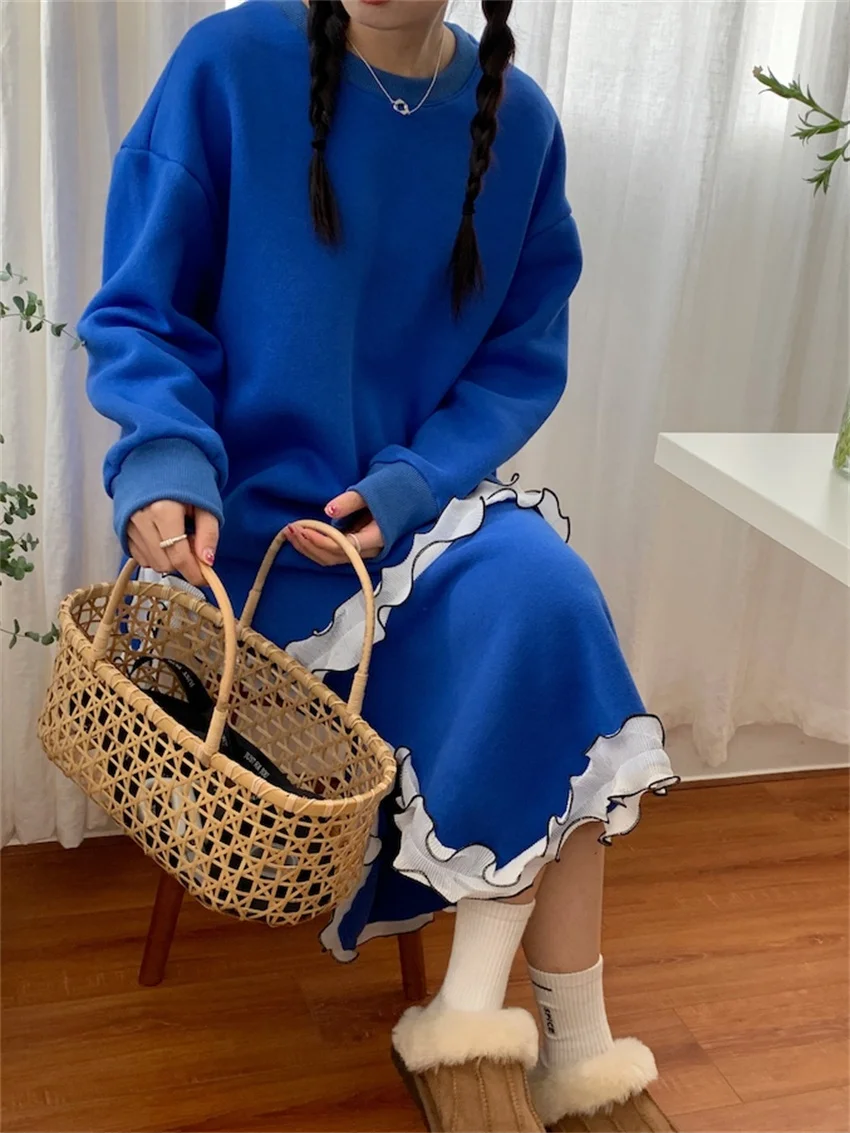 

Alien Kitty OL Casual Women Two Pieces Suits Plush Autumn Ruffles Sweatshirts High Waist Straight Loose Chic Sweet Long Skirts