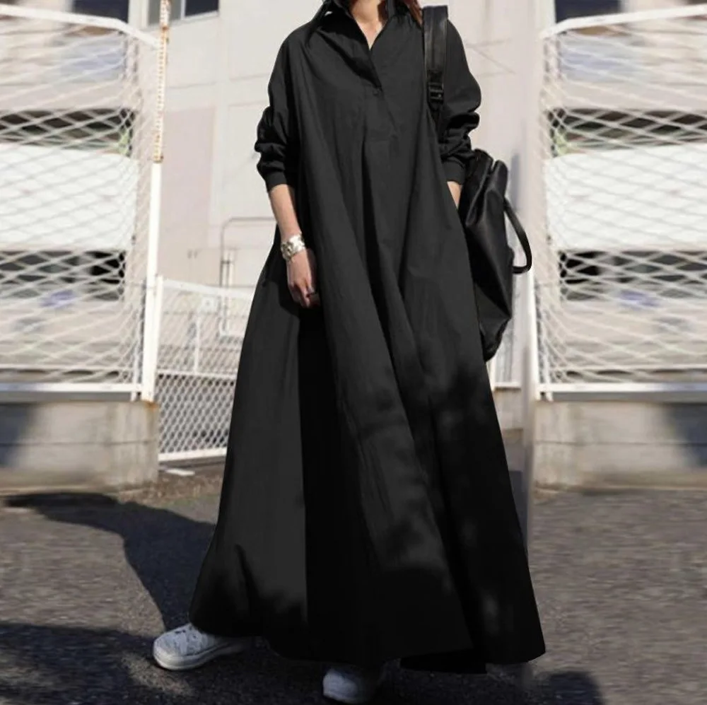 

Spring Stylish Women Vintage Long Sleeve Loose Sundress 2022 Casual Long Maxi Dress Kaftan Femme Solid Party Vestido Robe
