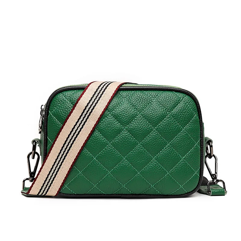 

Leather Women's Bag 2022 New First Layer Cowhide Small Square Bag Wide Shoulder Strap Diamond Single Shoulder Messenger Fashion