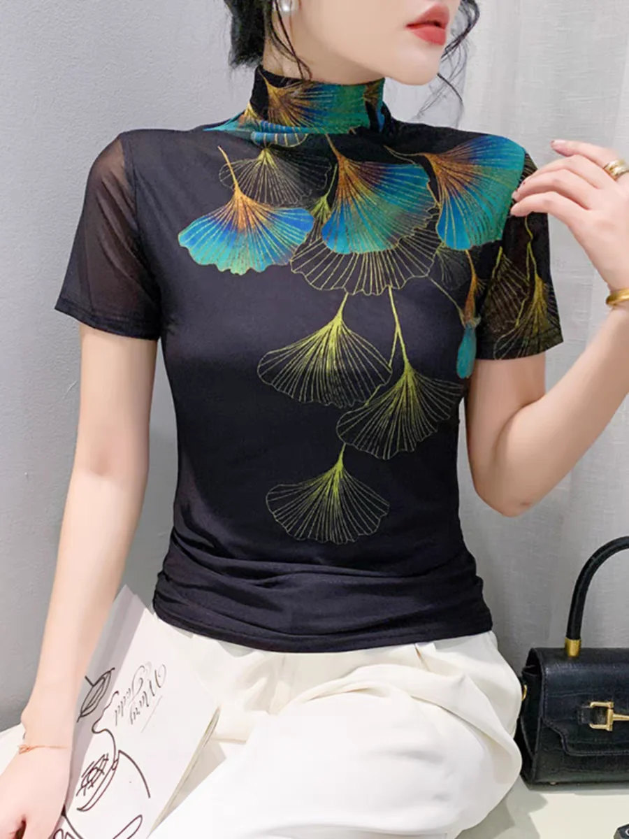 Женская эластичная водолазка базовая модная Сетчатая футболка с принтом