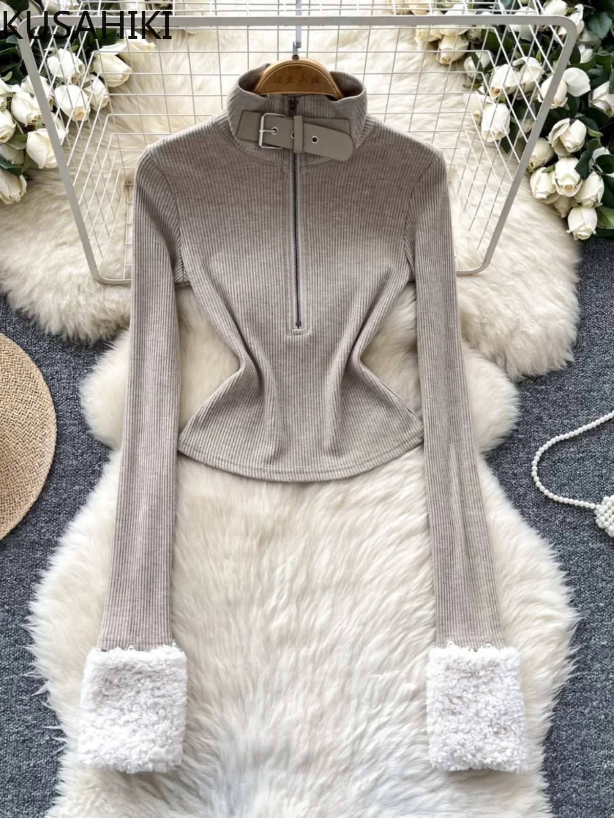 KUSAHIKI модный вязаный свитер с воротником-стойкой для женщин зимняя молния