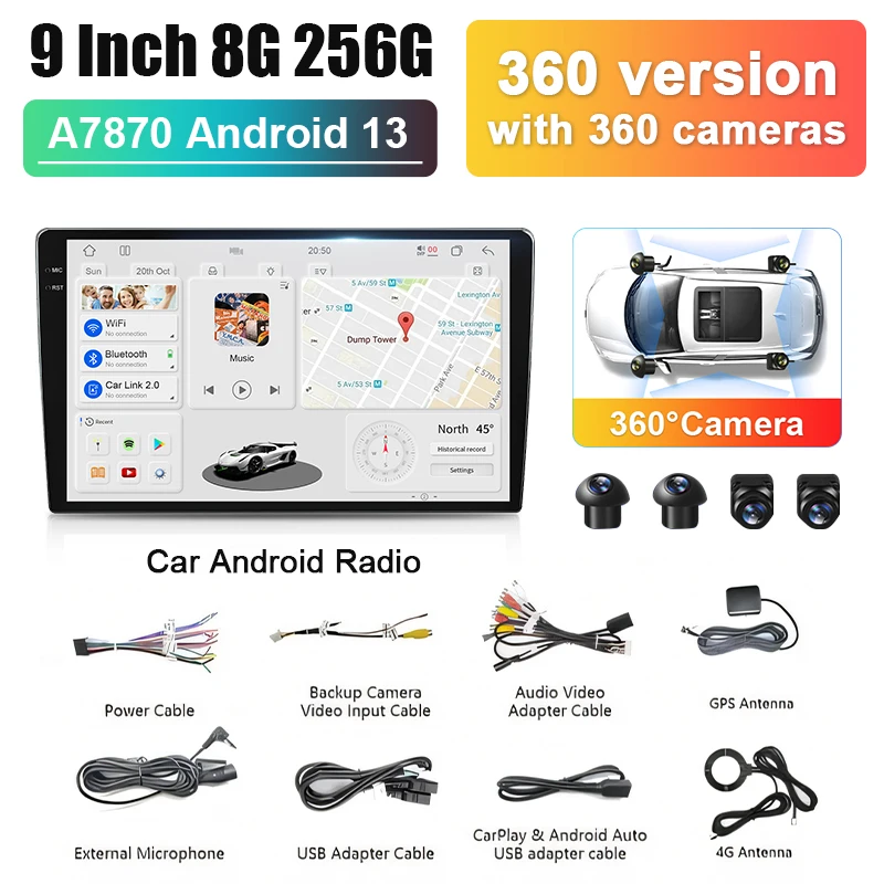

A7870 Android Auto 9 10-дюймовый экран 2K с 360 камерами Беспроводной CarPlay 12 256 Android 13 Автомобильный мультимедийный плеер для KIA HYUNDAI