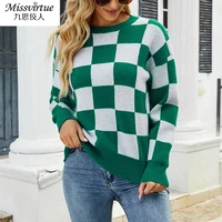 missvirtue checkerboard womens knitwears 2022 autumn winter square plaid sweaters women o neck casual fairy grunge fashion tops