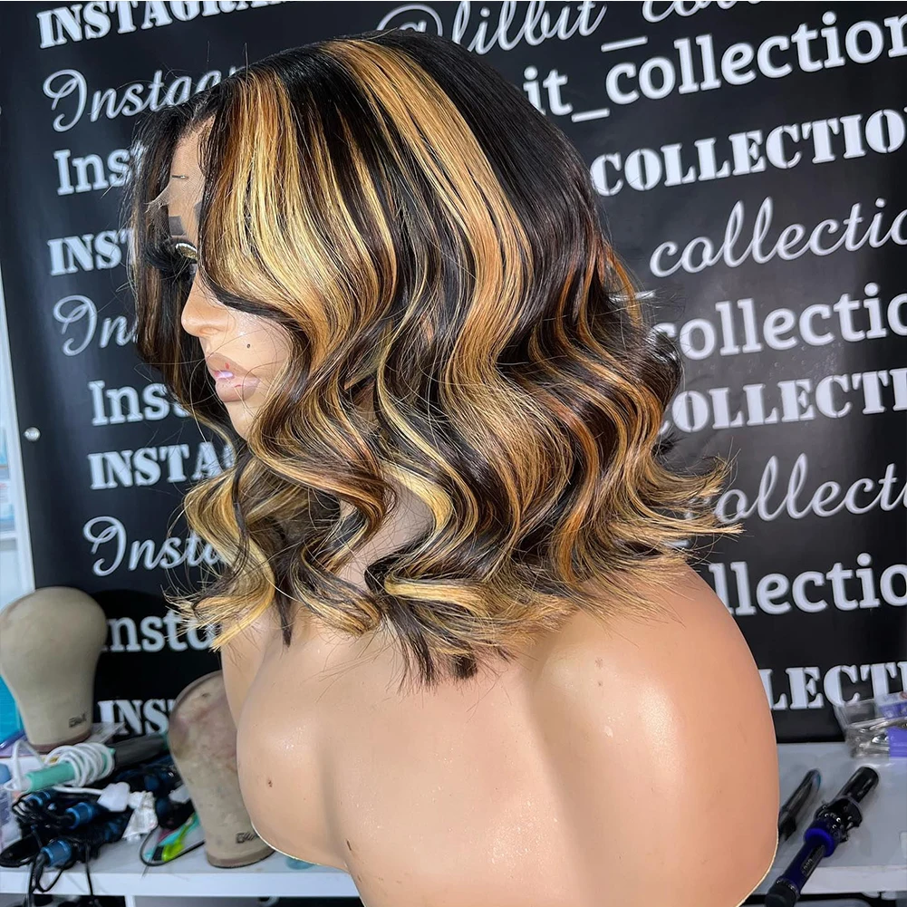 

Short Bob Wavy Wig Highlight Honey Blonde Ombre Human Hair Wigs for Women Remy Hair T Part Lace Wig Middle Part Pre Plucked 150%