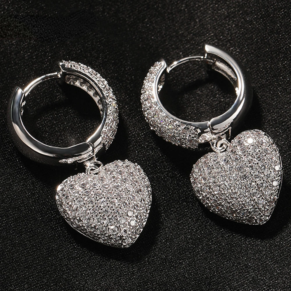 

Серьги-подвески с фианитами женские, полные украшения в форме сердца с цирконами, модные ювелирные украшения в стиле хип-хоп, 1 пара