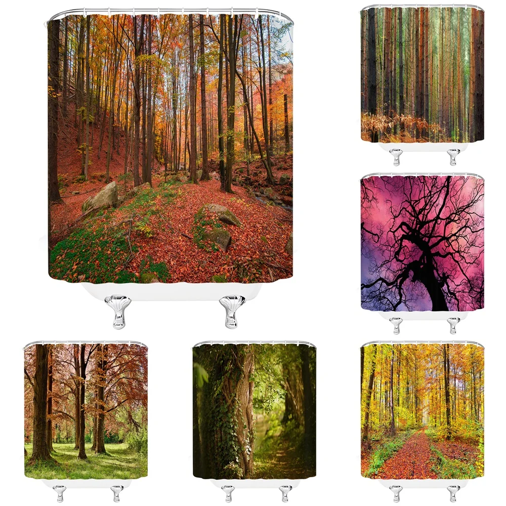 

Woodland Shower Curtain Redwood Trees Rain Forest Tropical Scenic Wild Nature Branch Plant Cloth Fabric Bathroom Decor Curtains