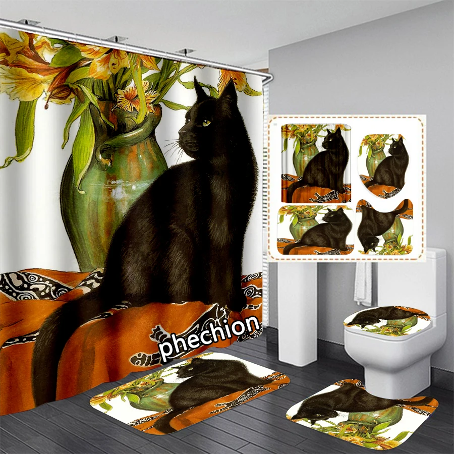 

Модная Водонепроницаемая занавеска для душа phechion с 3D рисунком животных и черной кошки, занавеска для ванной, комплект Противоскользящих ковриков для ванной, коврики для туалета VR221