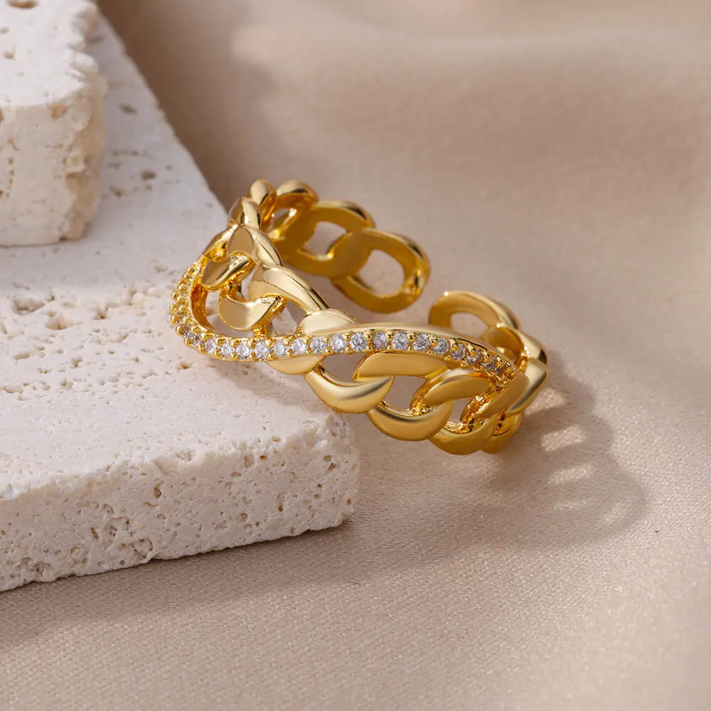 

Hollow Out Cuban Chain Rings For Women Zircon Crystal Geometric Ring Engagement Wedding Jewelry Gift Bague