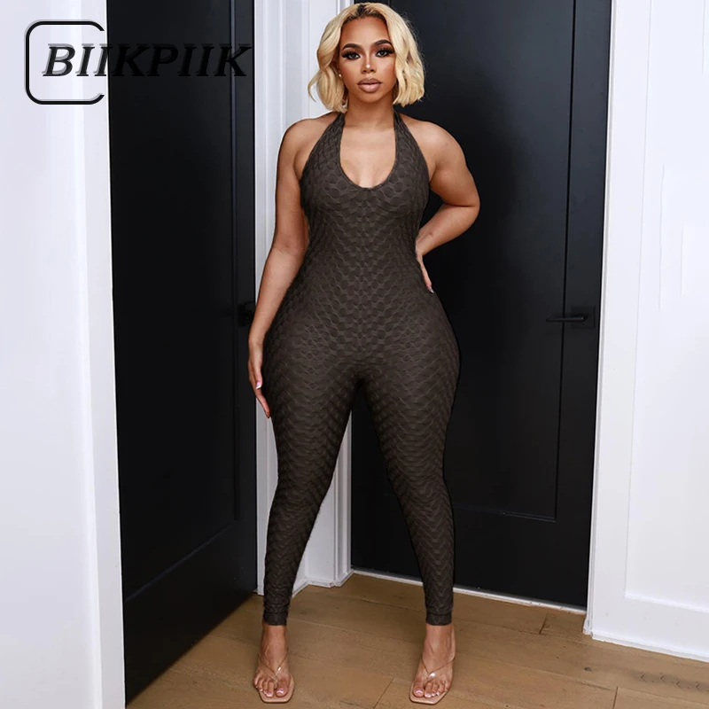 

BIIKPIIK Backless Stacked Bodycon Jumpsuit For Women Solid Elegant Sexy Lace Up Halter Low V Stunning Midnight Clubwear Overalls