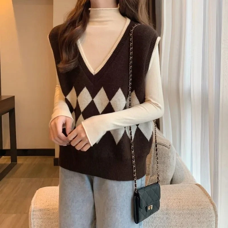 

Yasuk All Season Casual Vest Women's Loose Knitted Top Sweater Gentle Versatile Retro Diamond Plaid Stripe Warm Girl