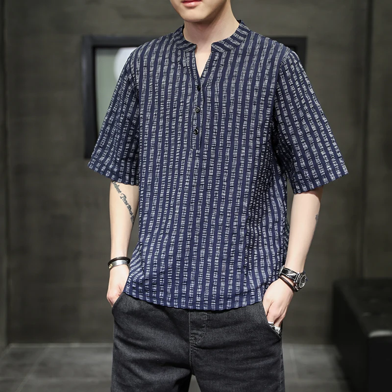 

Striped t-shirt men's summer loose linen short sleeve V-neck half sleeve fashion brand Chinese Style Men's thin cotton linen T-s