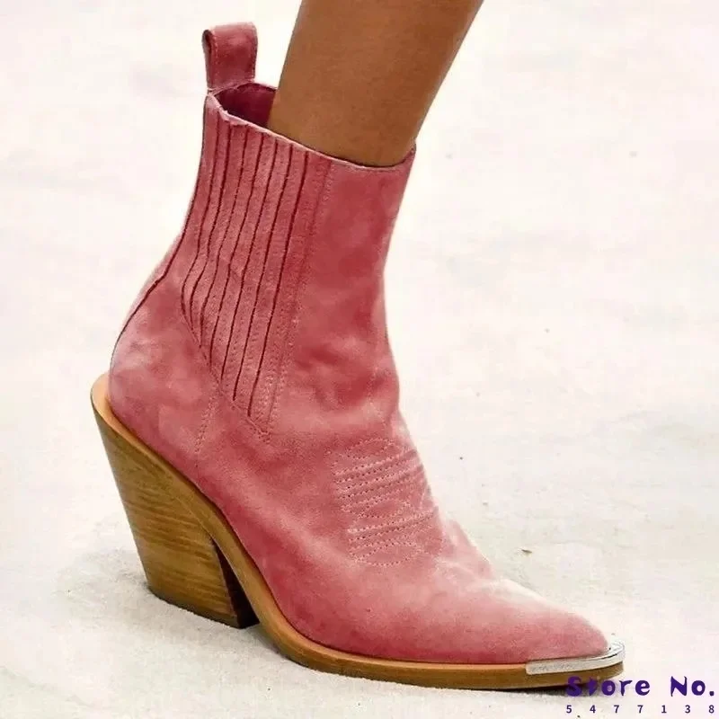 

Western Cowboy Boots Women Chunky Heels Ankle Boots 2023 Big Size 43 Slip On Chelsea Boots Female Shoes