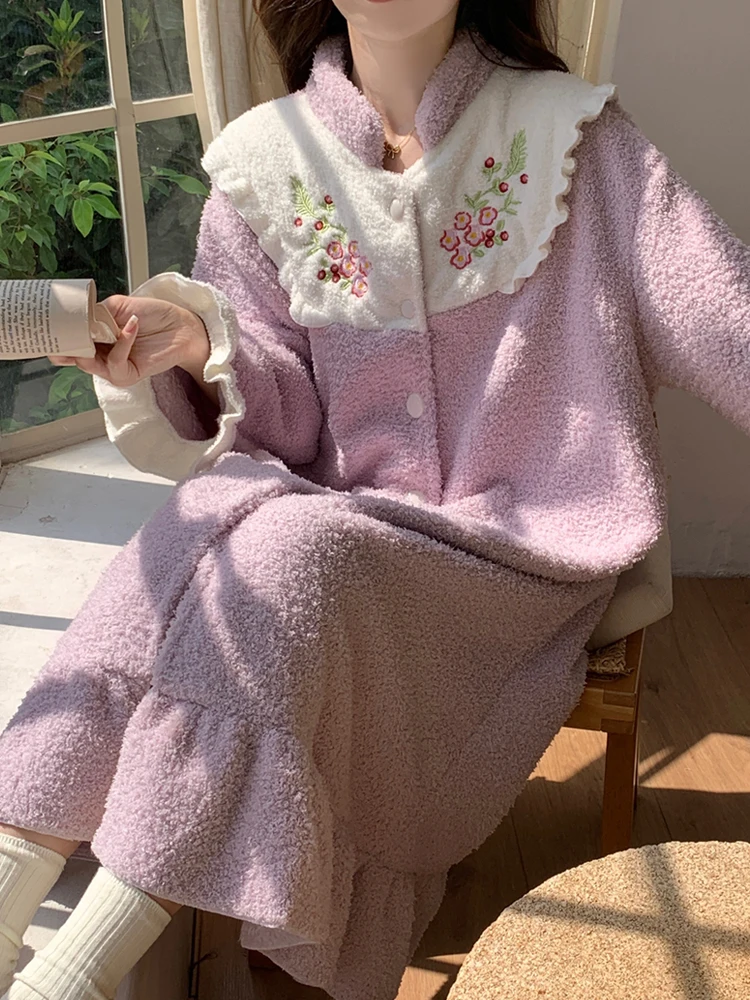 Полубархатная ночная рубашка осенне-зимняя женская кардиган коралловая