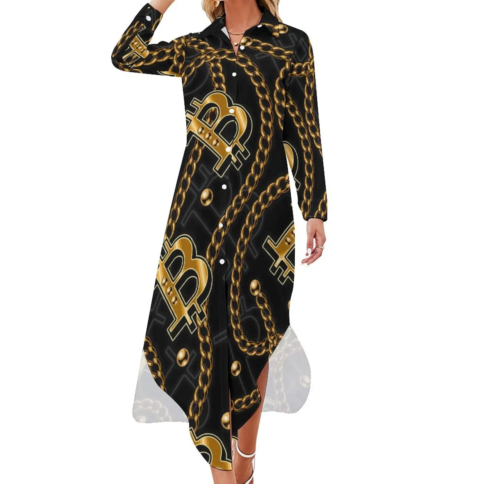 

Шифоновое платье с золотой цепочкой, сексуальное блестящее платье с V-образным вырезом и надписью «Биткоин», Современные платья, женское Стильное повседневное платье, идея для подарка