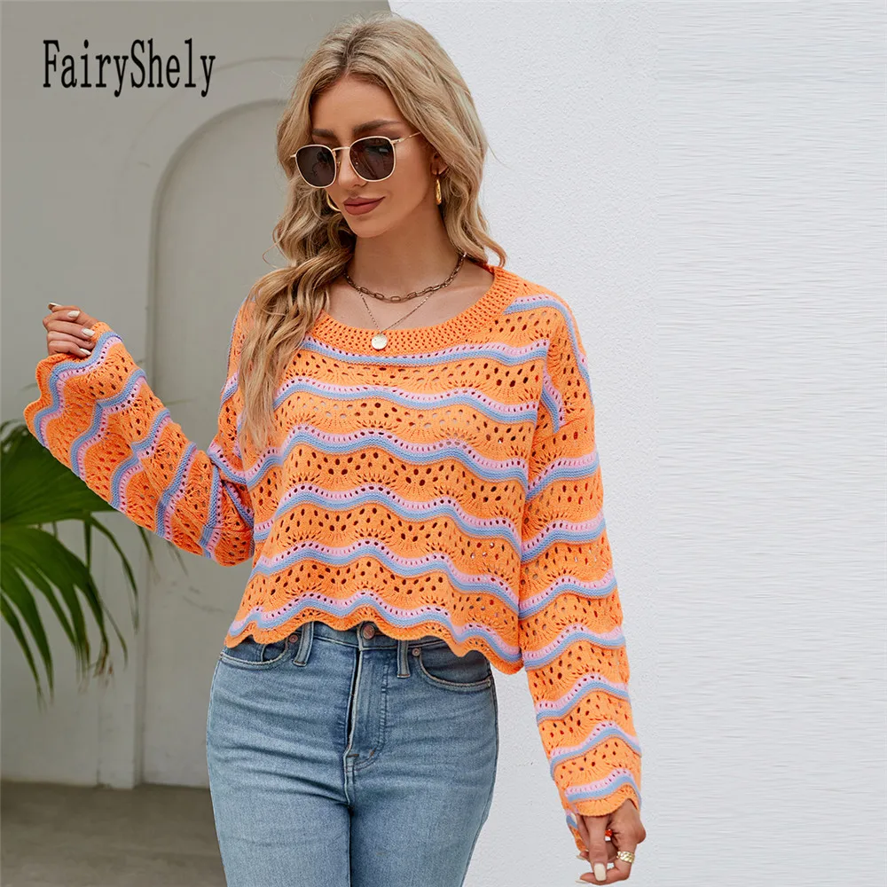 Женский трикотажный свитер в полоску укороченный пуловер с круглым вырезом и