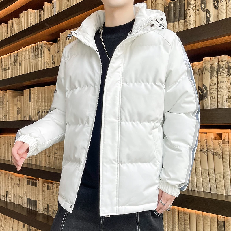 

Новинка 2023, осенне-зимние толстые парки, Мужская однотонная куртка с капюшоном и хлопковой подкладкой, верхняя одежда, искусственная кожа, теплые пуховики, верхняя одежда