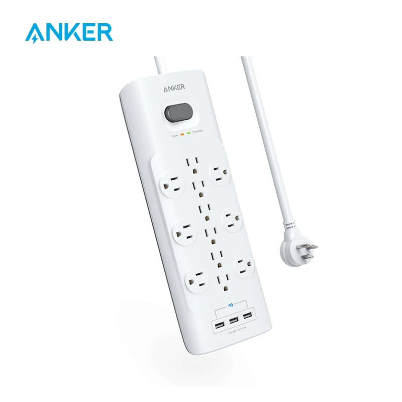 Сетевой фильтр Anker с защитой от перенапряжения 12 розеток и 3 USB-порта плоской