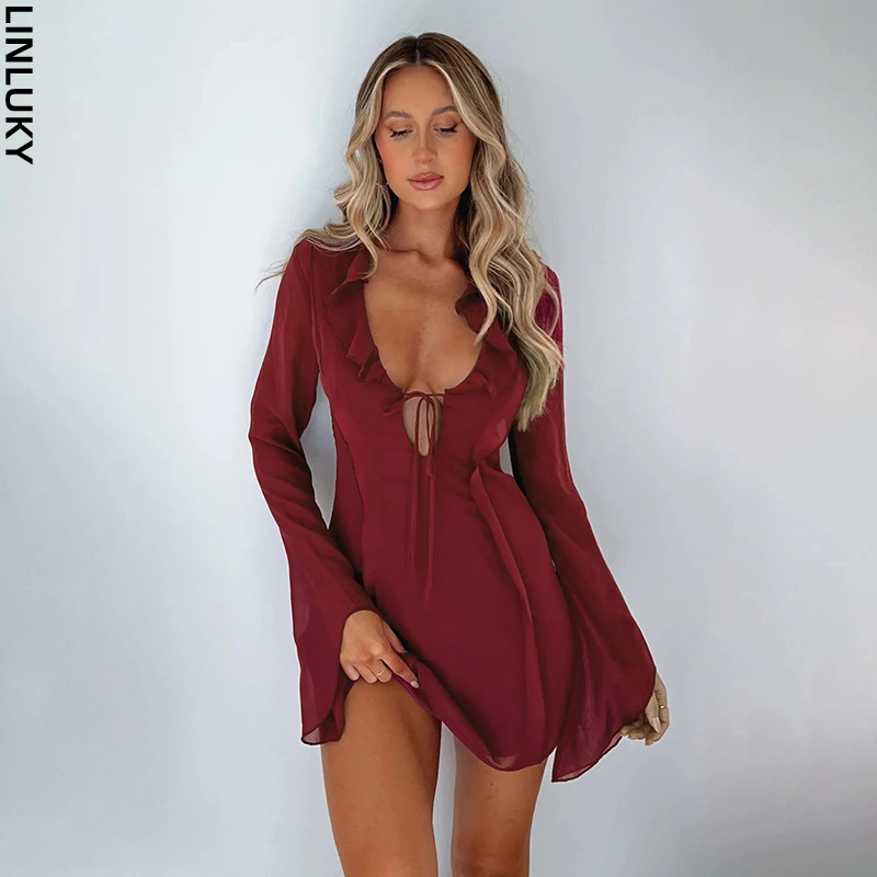 

Autumn New Sexy Fashion Ruffle Edge Long Sleeve Lacing Dress for Women Club Party Evening Mini Dresses Woman Clothing