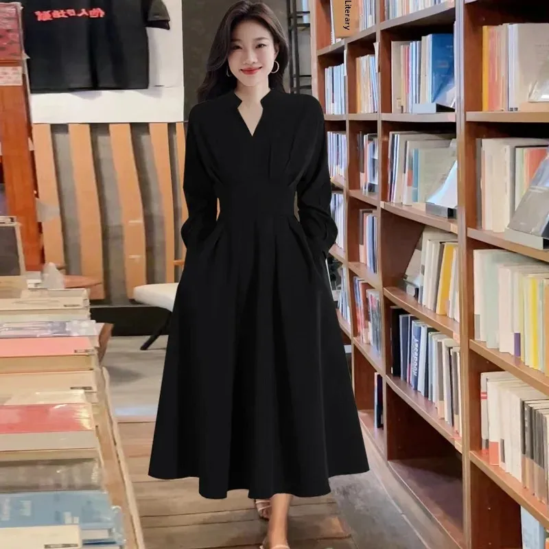 Plus Size QZ035 Women's Clothing V-Neck Dress 2024 Autumn New Style Waist-Fitted Slimming Long Large