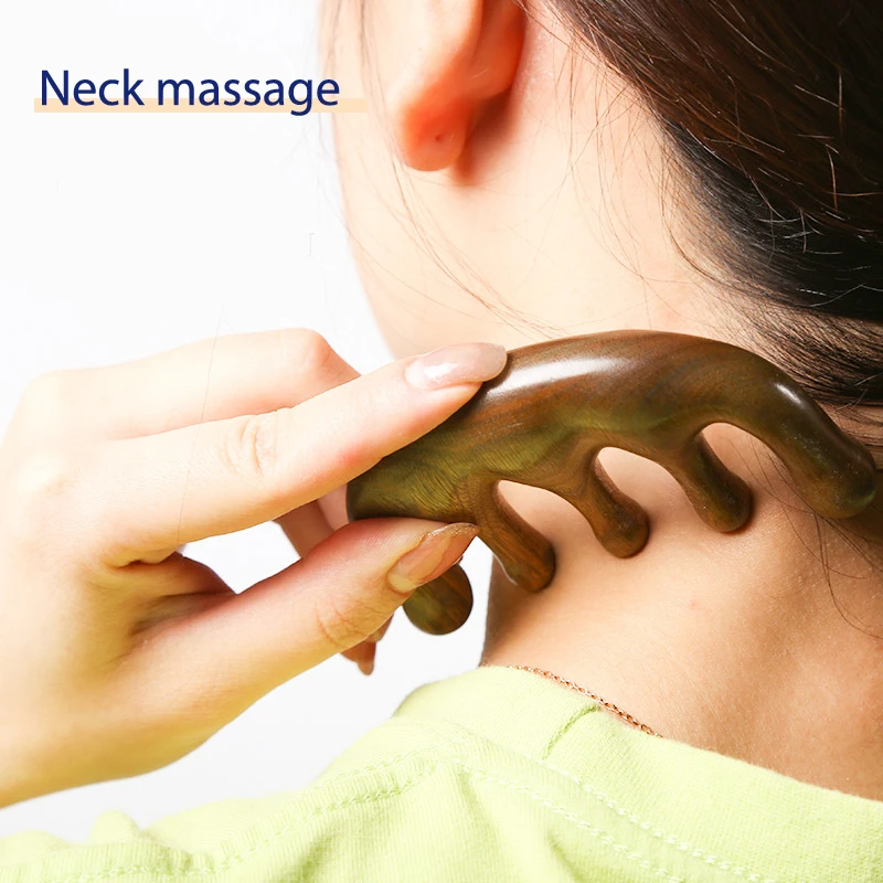 

Head Meridian Massage Comb Green Sandalwood Five Wide Tooth Acupuncture Therapy