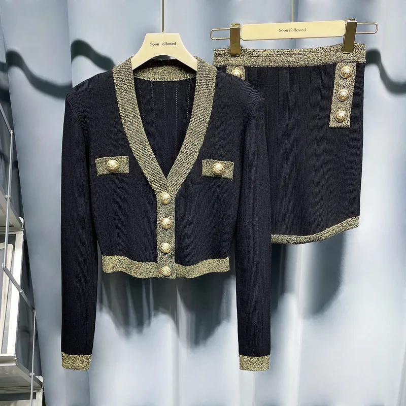 

High-quality Knitted Suit Spring Summer New Gold Thread Edge Padding V-neck Knitted Cardigan + Sexy Buttock Skirt Sets Suit