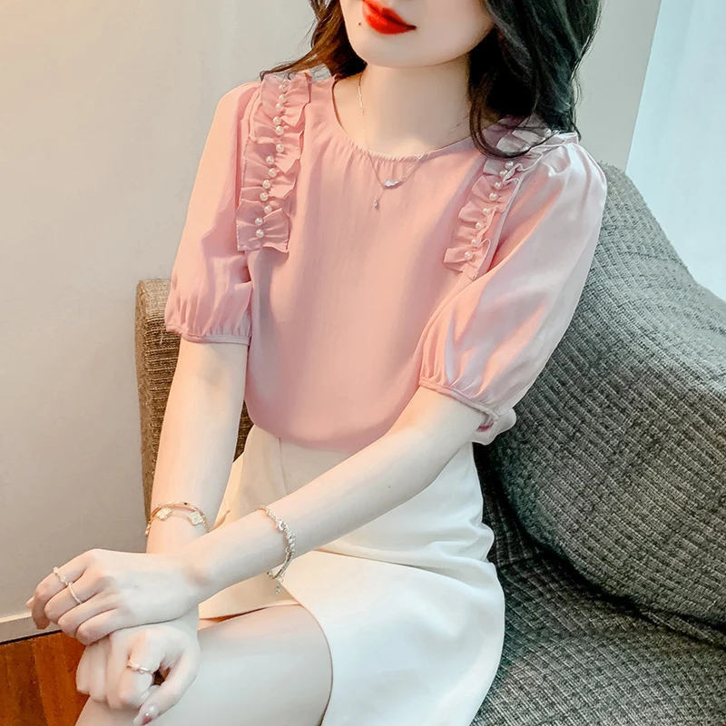 

COIGARSAM Blouse Women Summer 2022 Cute Short Sleeve Chiffon Pink Blue Blusas Womens Tops And Blouses Dropshipping