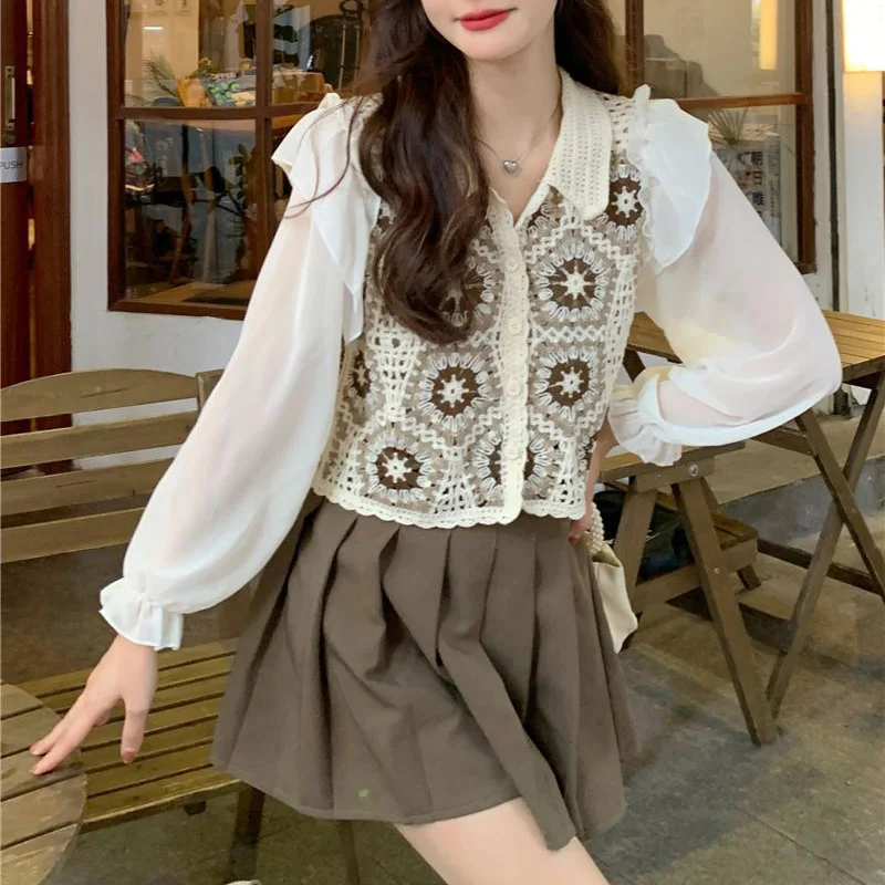 

Boring Honey Hollow Out Chiffon Sleeve Splicing Women's T-Shirt Turndown Collar Long Sleeves Blouses Single-Breasted Tops Women