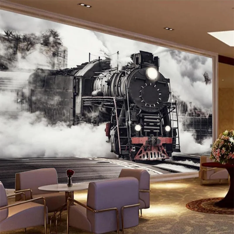 

Retro Nostalgic Tale Black and White Steam Train 3D Photo Wallpaper Bar Restaurant Club Industrial Decor Mural Wall Paper 3D