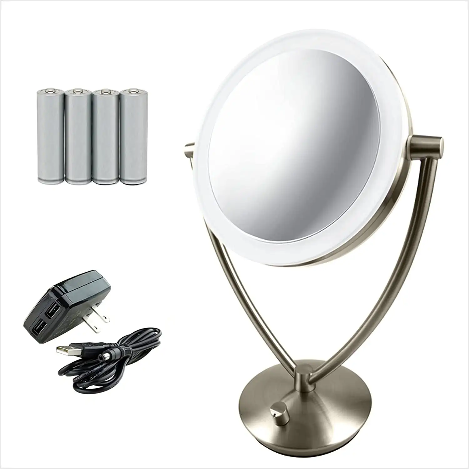 

LED Lighted Makeup Mirror 7.5 Inch Table Top 1X 10X Magnifier Dimmable illuminated Adjustable Circle 360 Degree Double Sided Acr