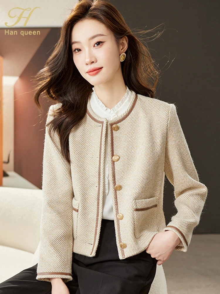 

H Han Queen 2023 Winter Fashion Color Blocking Pocket Outerwear Vintage Women's Short Jackets Loose Korean Simple Casual Coats
