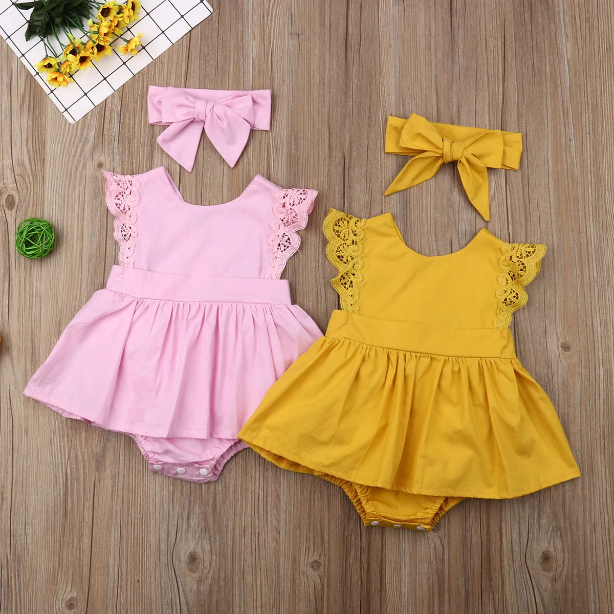 

Summer Baby Girl Fly-Sleeve Solid Romper+Head band pink yellow Dress Newborn Toddler Princess style Clothes Baby