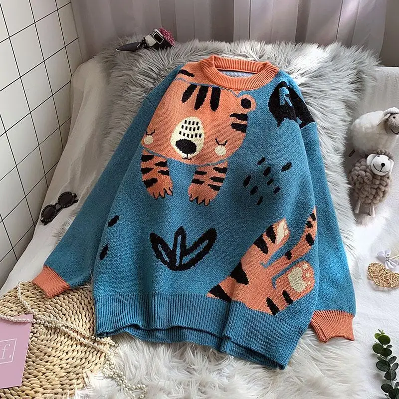 

College wind sweater women's autumn and winter outer wear pullover loose lazy wind cartoon thickening 2022 new knitted top y2k