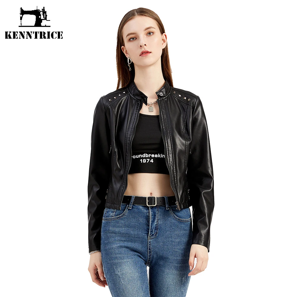 Kenntrice Women's Biker Jacket Spring Autumn Thin Long Sleeved PU Faux Leather Jacket Stylish Lady Stand Collar Outwear