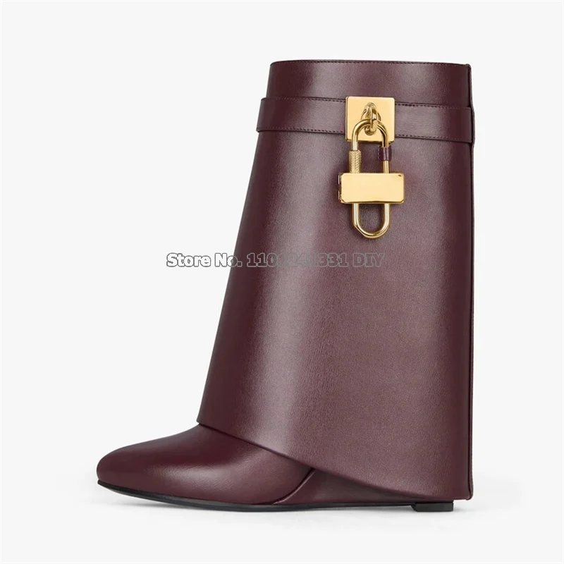 Padlock Real Leather Wedge Heeled Short Boots Ladies Height Increased High Heel Autumn Winter Short Boots Plus Siz
