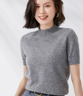 

Spring 2023 Women's 100% wool short Sleeve half high neck worsted knitted T-shirt thin cashmere sweater solid half sleeve pullov