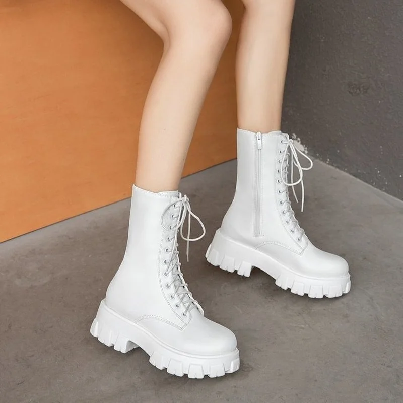 

2022 New Thicken Winter Knight Boots Women Knee High Long Square Heel Retro Lace Up Motorcycle Boots Black White Botas Mujer 43