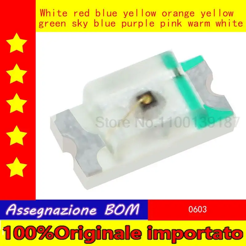 100pcs/lot  0603 red, yellow, blue, green and white orange purple patch LED light pink highlight LED lamp bead (50)